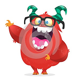 Vector cartoon of a red fat and fluffy Halloween monster with big ears wearing glasses