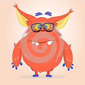 Vector cartoon of a red fat and fluffy Halloween monster with big ears wearing glasses.