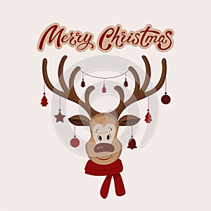 Vector cartoon red nosed reindeer with red scarf and big horns with Christmas decoration on it. Funny character for christmas and