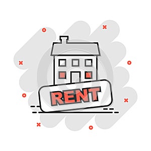 Vector cartoon rent house icon in comic style. Rent sign illustration pictogram. Rental business splash effect concept