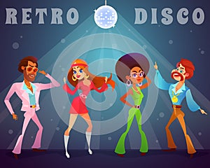 Vector cartoon retro illustration of a man and a woman in a disco club.