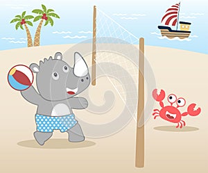 Vector cartoon of rhino and crab playing volleyball