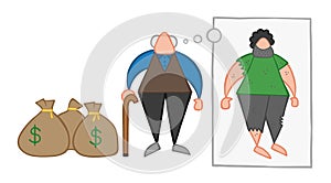 Vector cartoon rich old man with dollar money sacks but dreaming