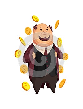 Vector cartoon rich people. Image of a funny fat man capitalist in a suit on a white background. Business, finance