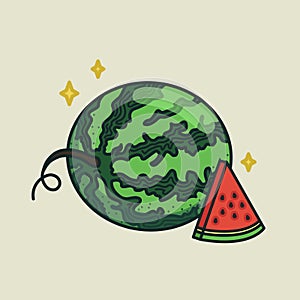 Vector cartoon ripe whole watermelon and its slice