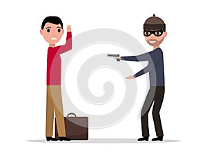 Vector cartoon robber with a gun robbing a man