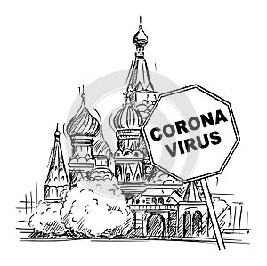 Vector Cartoon Rough Sketchy Illustration of Russian Federation, Moscow and Coronavirus covid-19 Epidemic Warning Sign