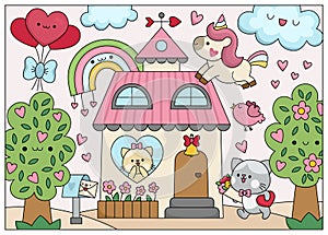 Vector cartoon Saint Valentine day scene with cat family, unicorn, rainbow, house. Cute kawaii colored outlined illustration with