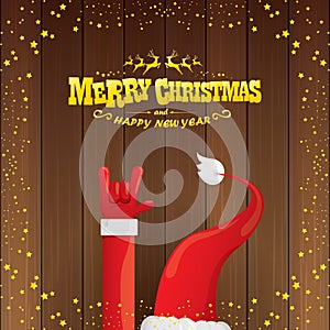 Vector cartoon Santa Claus rock n roll style with golden calligraphic greeting text on wooden background with christmas