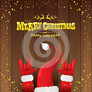 Vector cartoon Santa Claus rock n roll style with golden calligraphic greeting text on wooden background with christmas