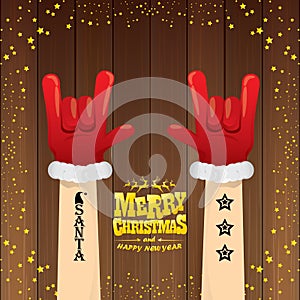 Vector cartoon Santa Claus rock n roll style with golden calligraphic greeting text on wooden background with christmas