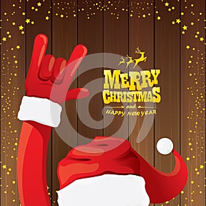 Vector cartoon Santa Claus rock n roll style with golden calligraphic greeting text on wooden background with christmas