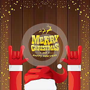 Vector cartoon Santa Claus rock n roll style with golden calligraphic greeting text on wooden background with christmas