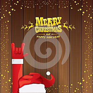 Vector cartoon Santa Claus rock n roll style with golden calligraphic greeting text on wooden background with christmas