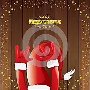 Vector cartoon Santa Claus rock n roll style with golden calligraphic greeting text on wooden background with christmas