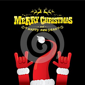 Vector cartoon Santa Claus rock n roll style with golden greeting text on black background with christmas star lights