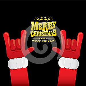 Vector cartoon Santa Claus rock n roll style with golden greeting text on black background with christmas star lights