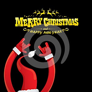 Vector cartoon Santa Claus rock n roll style with golden greeting text on black background with christmas star lights