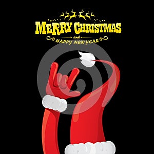 Vector cartoon Santa Claus rock n roll style with golden greeting text on black background with christmas star lights