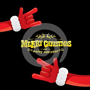 Vector cartoon Santa Claus rock n roll style with golden greeting text on black background with christmas star lights