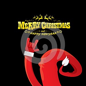 Vector cartoon Santa Claus rock n roll style with golden greeting text on black background with christmas star lights