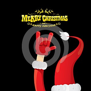 Vector cartoon Santa Claus rock n roll style with golden greeting text on black background with christmas star lights