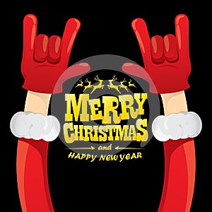 Vector cartoon Santa Claus rock n roll style with golden greeting text on black background with christmas star lights