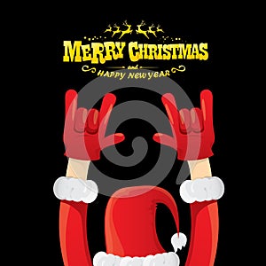 Vector cartoon Santa Claus rock n roll style with golden greeting text on black background with christmas star lights