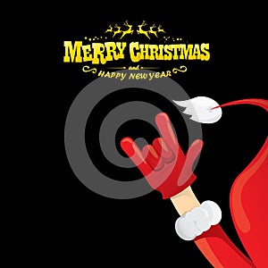 Vector cartoon Santa Claus rock n roll style with golden greeting text on black background with christmas star lights