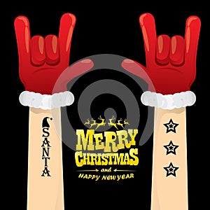 Vector cartoon Santa Claus rock n roll style with golden greeting text on black background with christmas star lights