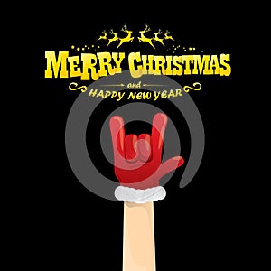 Vector cartoon Santa Claus rock n roll style with golden greeting text on black background with christmas star lights