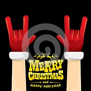 Vector cartoon Santa Claus rock n roll style with golden greeting text on black background with christmas star lights