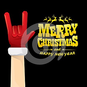 Vector cartoon Santa Claus rock n roll style with golden greeting text on black background with christmas star lights