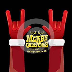 Vector cartoon Santa Claus rock n roll style with golden greeting text on black background with christmas star lights