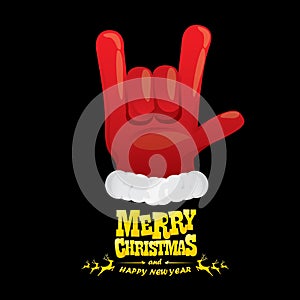 Vector cartoon Santa Claus rock n roll style with golden greeting text on black background with christmas star lights