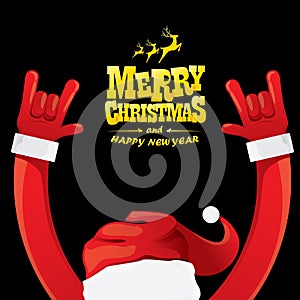 Vector cartoon Santa Claus rock n roll style with golden greeting text on black background with christmas star lights