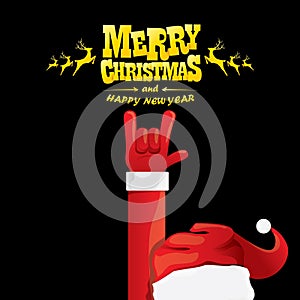 Vector cartoon Santa Claus rock n roll style with golden greeting text on black background with christmas star lights