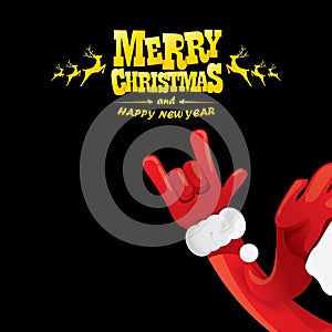 Vector cartoon Santa Claus rock n roll style with golden greeting text on black background with christmas star lights