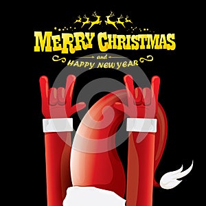 Vector cartoon Santa Claus rock n roll style with golden greeting text on black background with christmas star lights