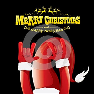 Vector cartoon Santa Claus rock n roll style with golden greeting text on black background with christmas star lights