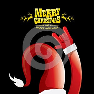 Vector cartoon Santa Claus rock n roll style with golden greeting text on black background with christmas star lights