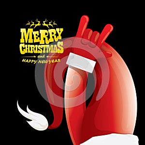 Vector cartoon Santa Claus rock n roll style with golden greeting text on black background with christmas star lights