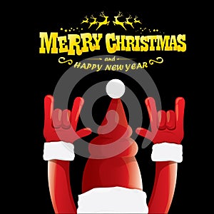 Vector cartoon Santa Claus rock n roll style with golden greeting text on black background with christmas star lights