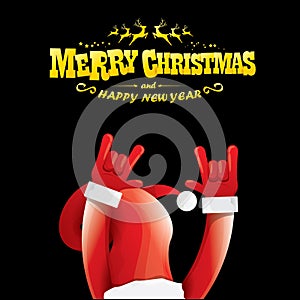 Vector cartoon Santa Claus rock n roll style with golden greeting text on black background with christmas star lights