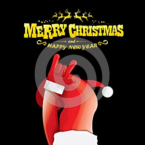 Vector cartoon Santa Claus rock n roll style with golden greeting text on black background with christmas star lights