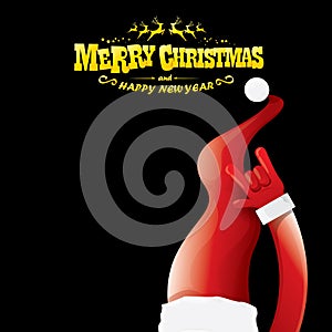 Vector cartoon Santa Claus rock n roll style with golden greeting text on black background with christmas star lights