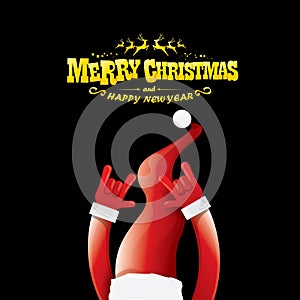 Vector cartoon Santa Claus rock n roll style with golden greeting text on black background with christmas star lights