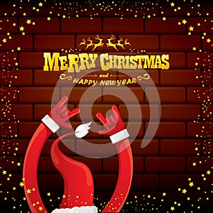 Vector cartoon Santa Claus rock n roll style with golden greeting text on brick wall background with christmas star