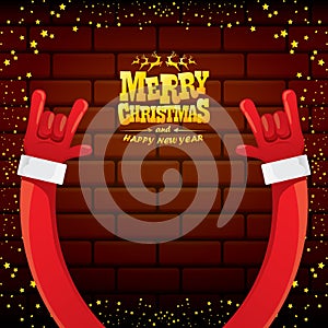 Vector cartoon Santa Claus rock n roll style with golden greeting text on brick wall background with christmas star