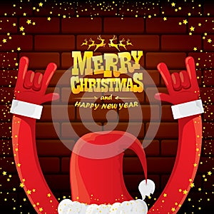 Vector cartoon Santa Claus rock n roll style with golden greeting text on brick wall background with christmas star